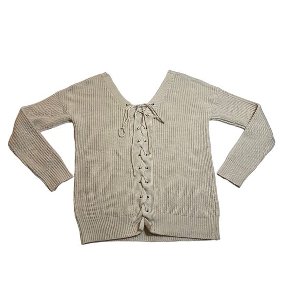 The Fashion District V-Neck Back Lace Up Sweater Size Small Neutral Casual - Picture 2 of 7